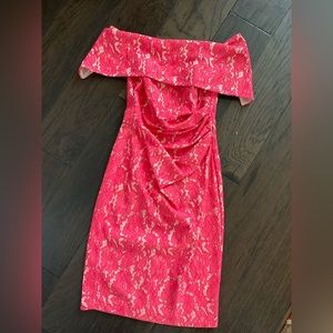 Pink lace off-the-shoulder, side ruched dress